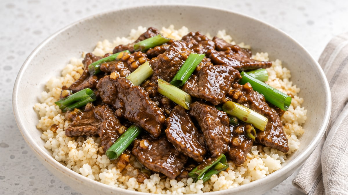 Mongolian Beef over Cauliflower Rice, cooked and served. A generated image, not a photograph.