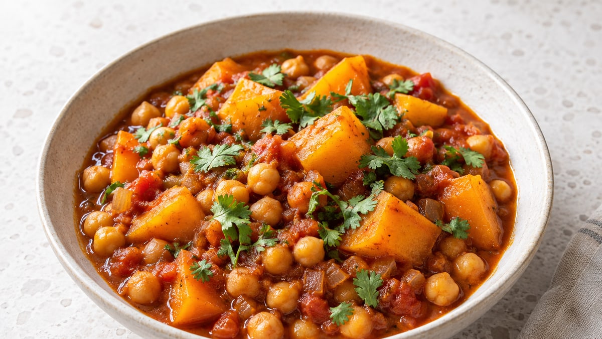 Moroccan Chickpea & Squash Stew, cooked and served. A generated image, not a photograph.