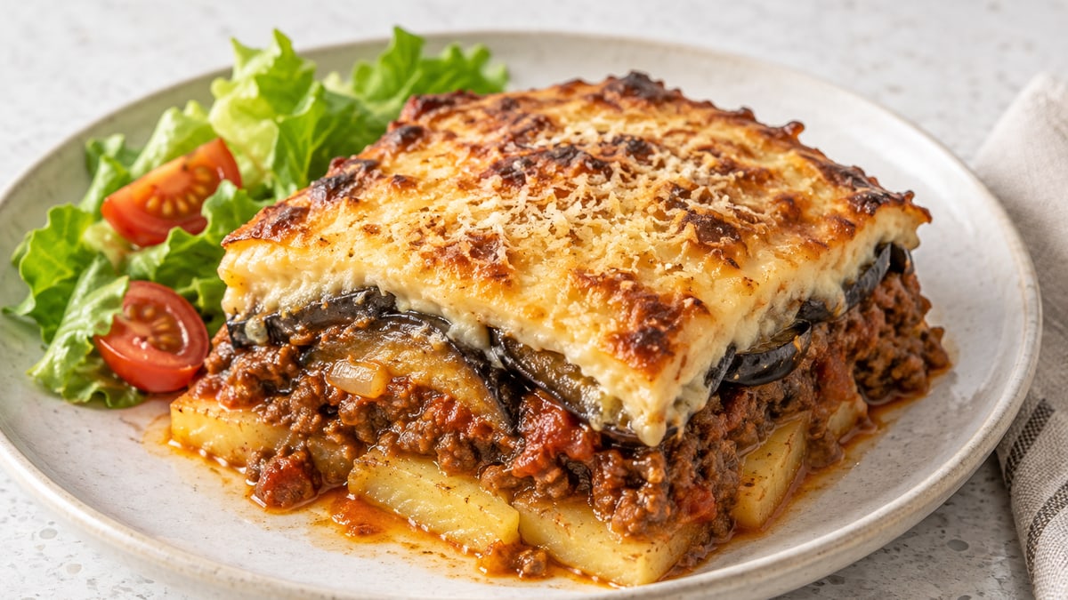Moussaka, cooked and served. A generated image, not a photograph.