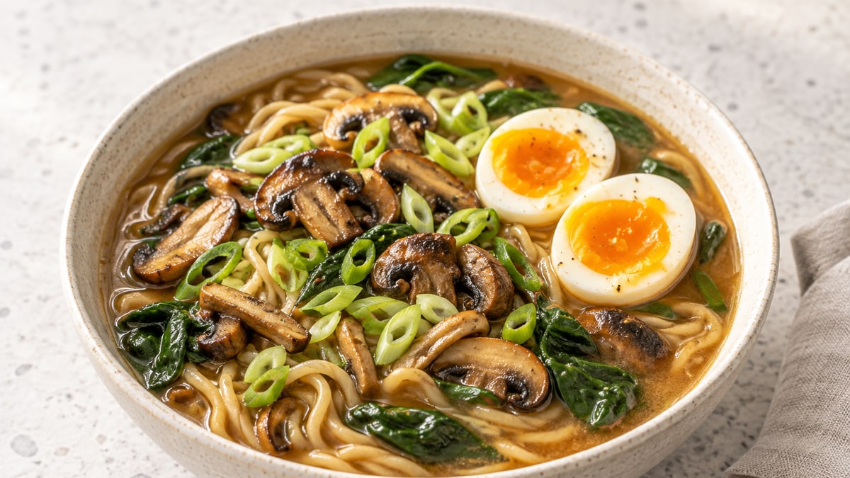 Mushroom & Miso Noodle Soup, cooked and served. A generated image, not a photograph.