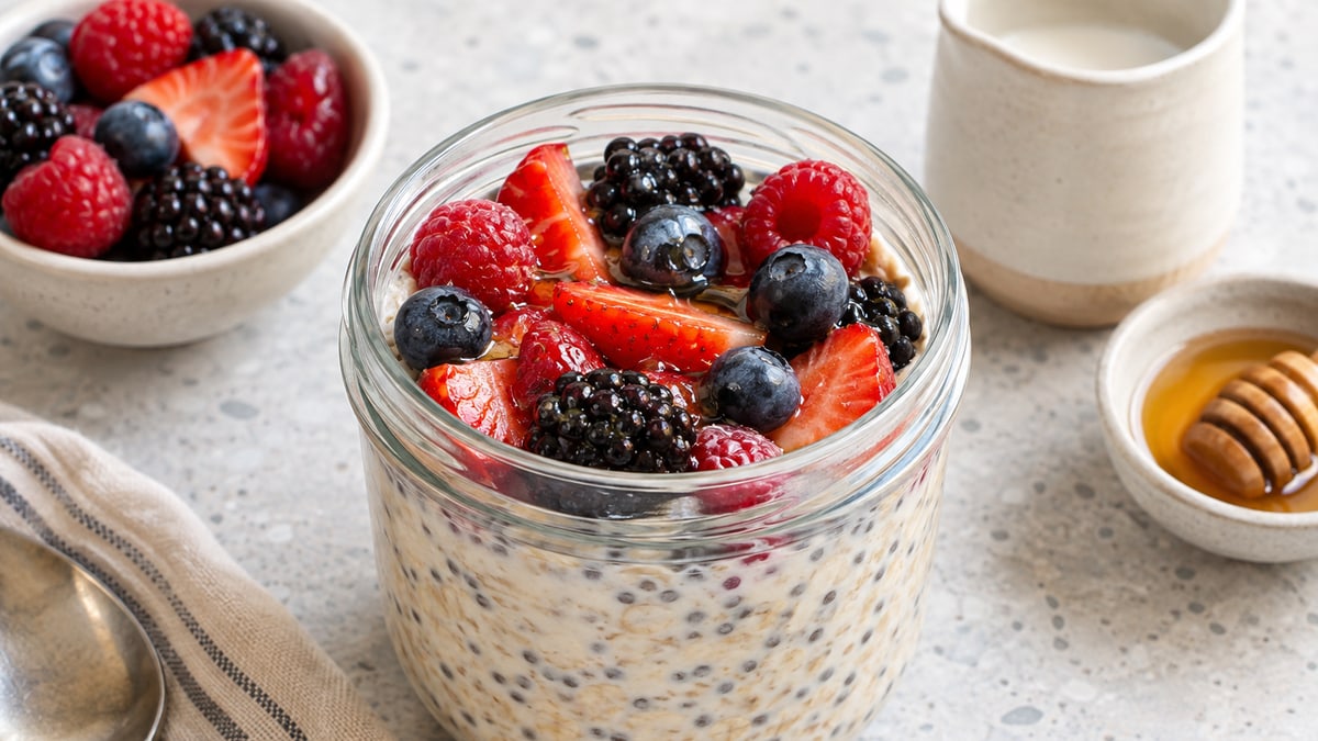 Overnight Power Oats, cooked and served. A generated image, not a photograph.