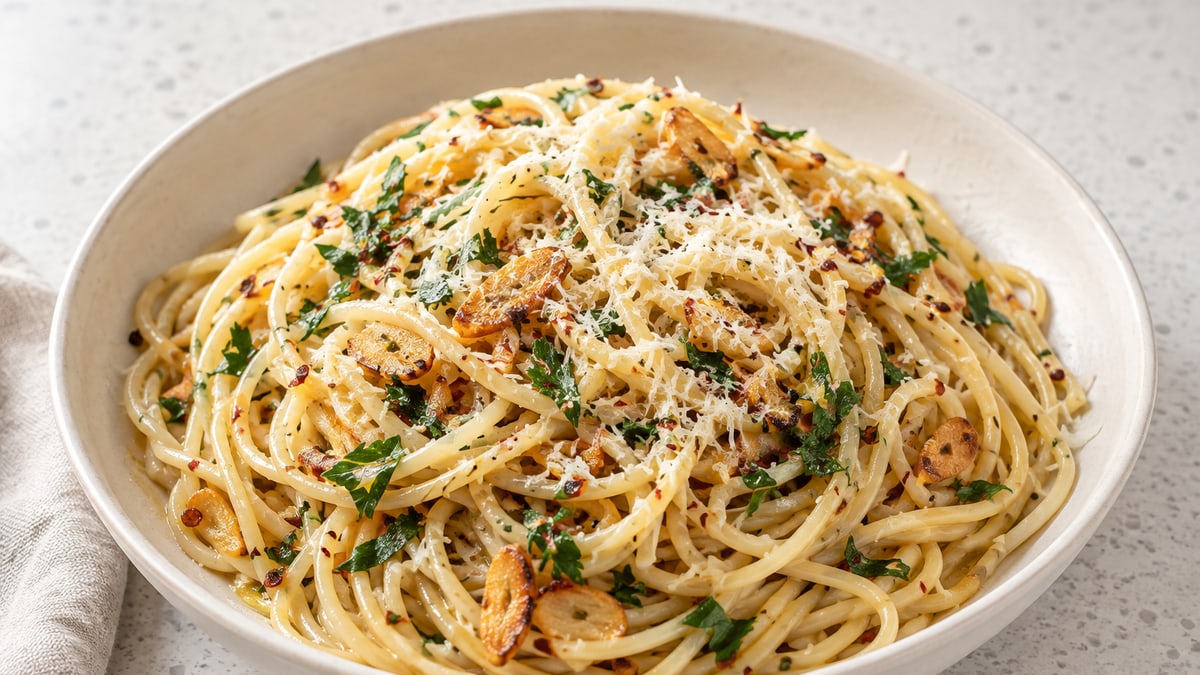 Pasta Aglio e Olio, cooked and served. A generated image, not a photograph.