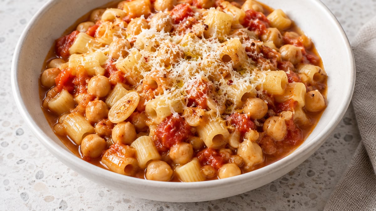 Pasta e Ceci (Pasta with Chickpeas), cooked and served. A generated image, not a photograph.