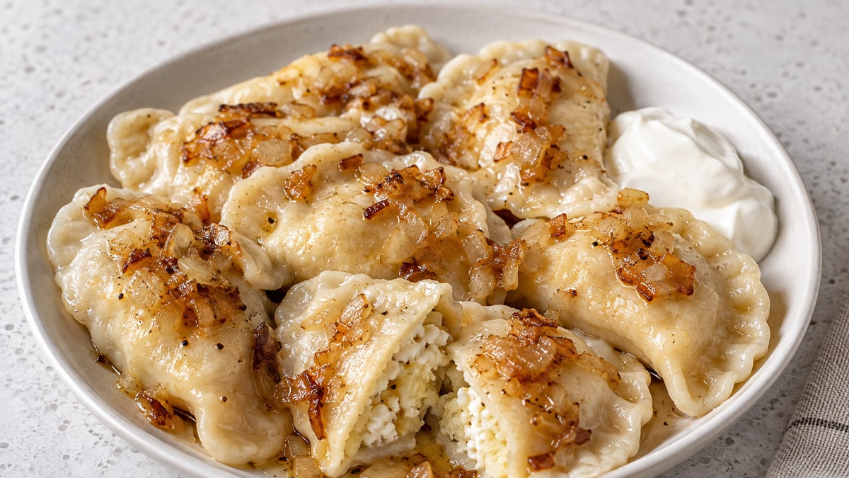 Pierogi Ruskie (Potato & Cheese Pierogi), cooked and served. A generated image, not a photograph.