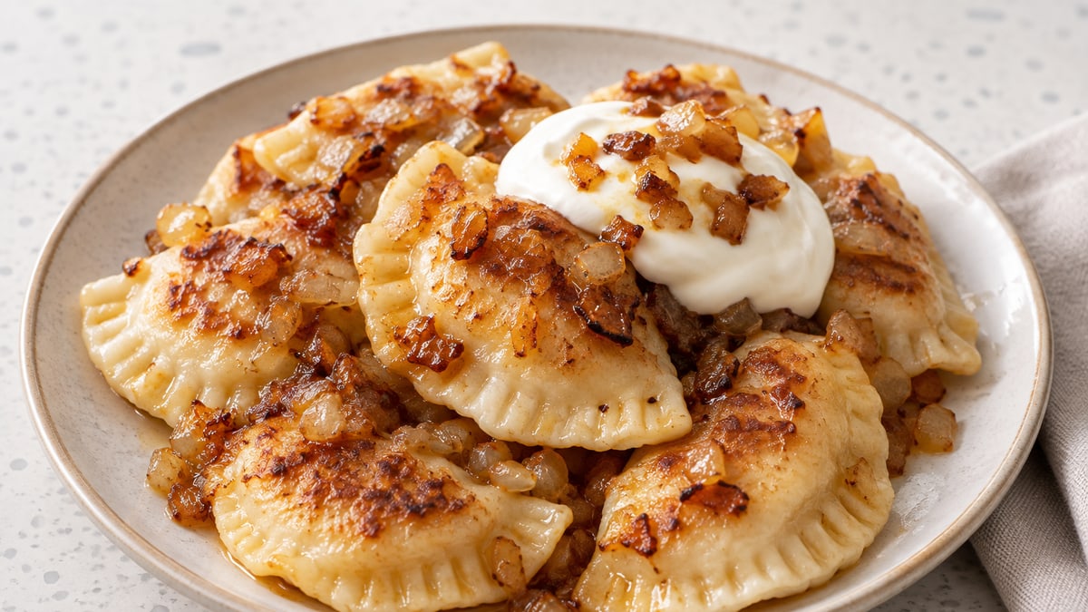 Grandma's Classic Potato & Cheese Pierogi, cooked and served. A generated image, not a photograph.