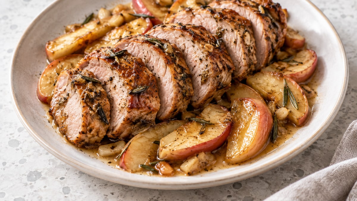 Herb Pork Tenderloin with Apple, cooked and served. A generated image, not a photograph.