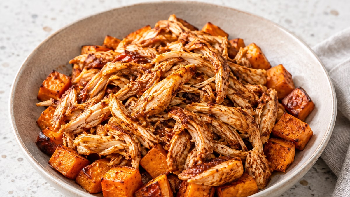 Smoky Pulled Chicken with Sweet Potato, cooked and served. A generated image, not a photograph.