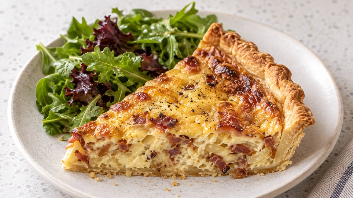 Quiche Lorraine, cooked and served. A generated image, not a photograph.