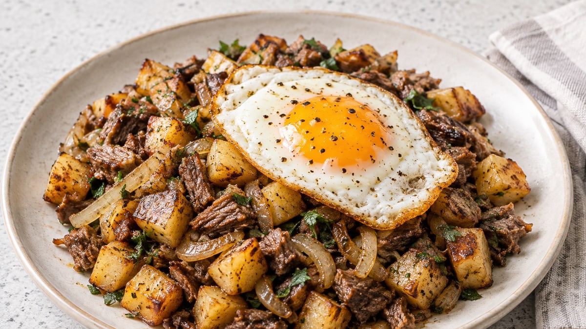 Roast Beef Hash, cooked and served. A generated image, not a photograph.