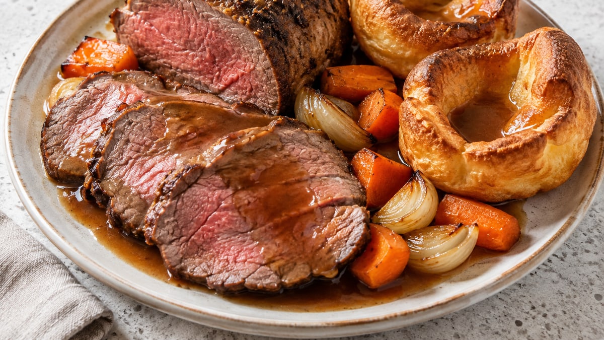 Roast Beef with Yorkshire Puddings, cooked and served. A generated image, not a photograph.