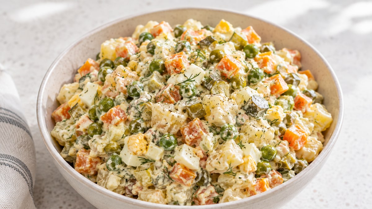 Sałatka Jarzynowa (Polish Vegetable Salad), cooked and served. A generated image, not a photograph.