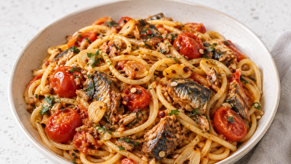 Sardine & Cherry Tomato Pasta, cooked and served. A generated image, not a photograph.