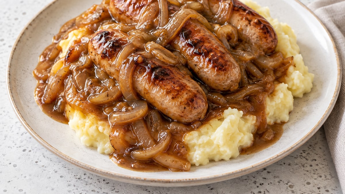 Sausages & Mash with Onion Gravy, cooked and served. A generated image, not a photograph.