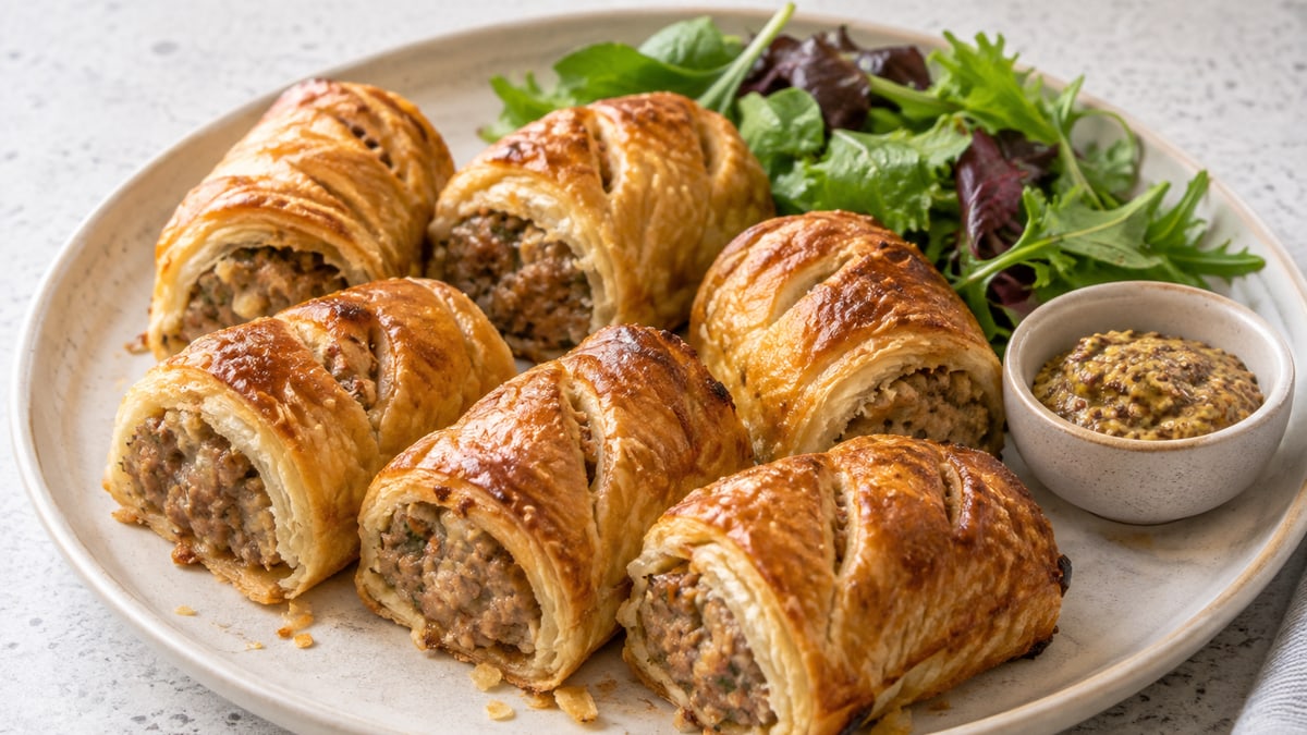 Sausage Rolls, cooked and served. A generated image, not a photograph.
