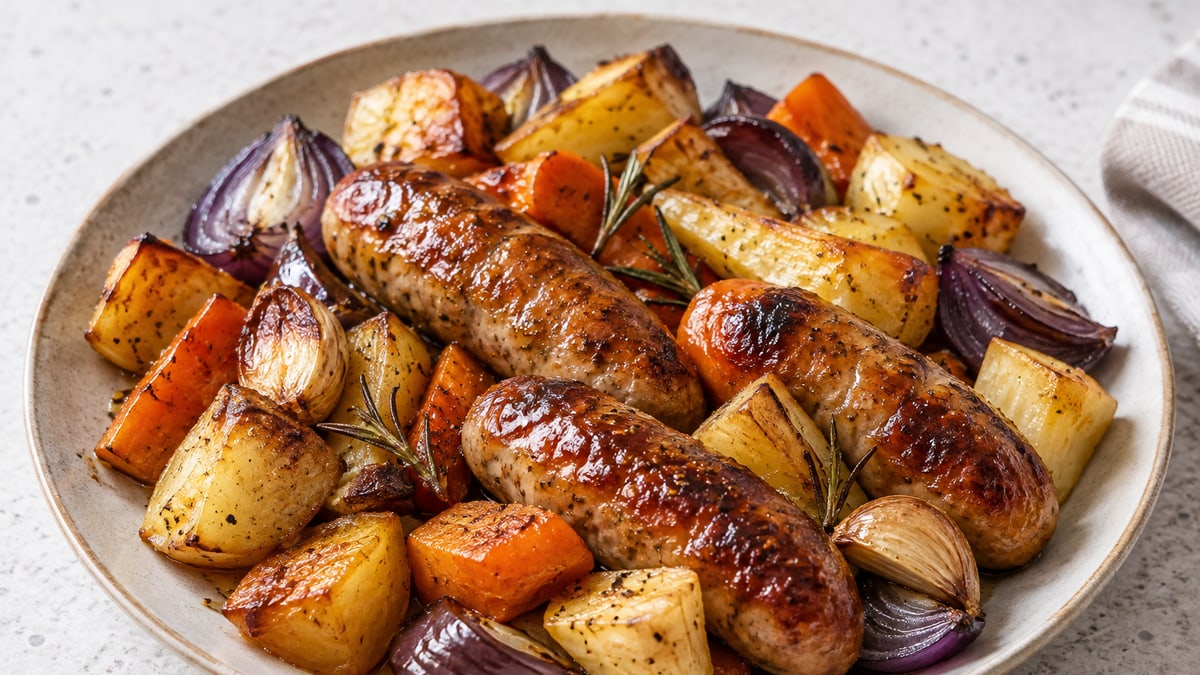 Sausage & Root Vegetable Traybake, cooked and served. A generated image, not a photograph.