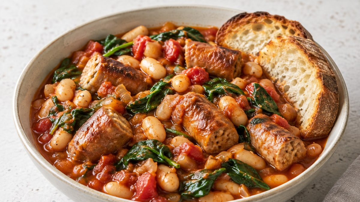 Sausage & White Bean Stew, cooked and served. A generated image, not a photograph.