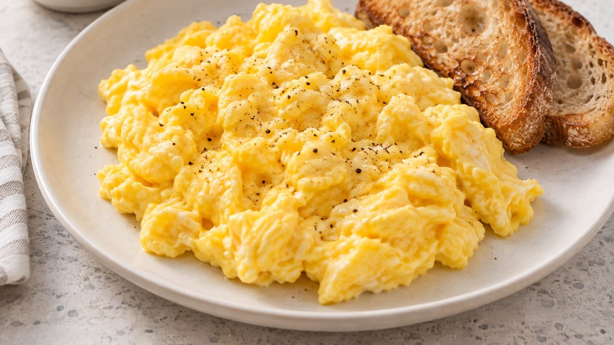 Fluffy Scrambled Eggs, cooked and served. A generated image, not a photograph.