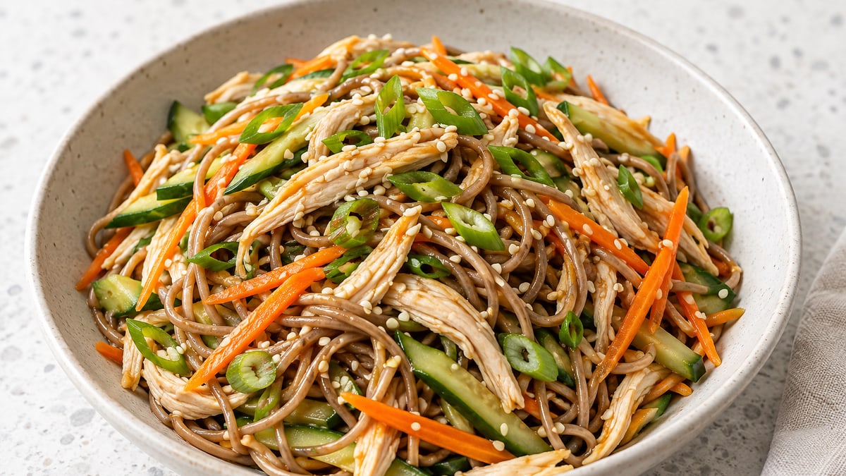 Sesame Chicken Noodle Salad, cooked and served. A generated image, not a photograph.