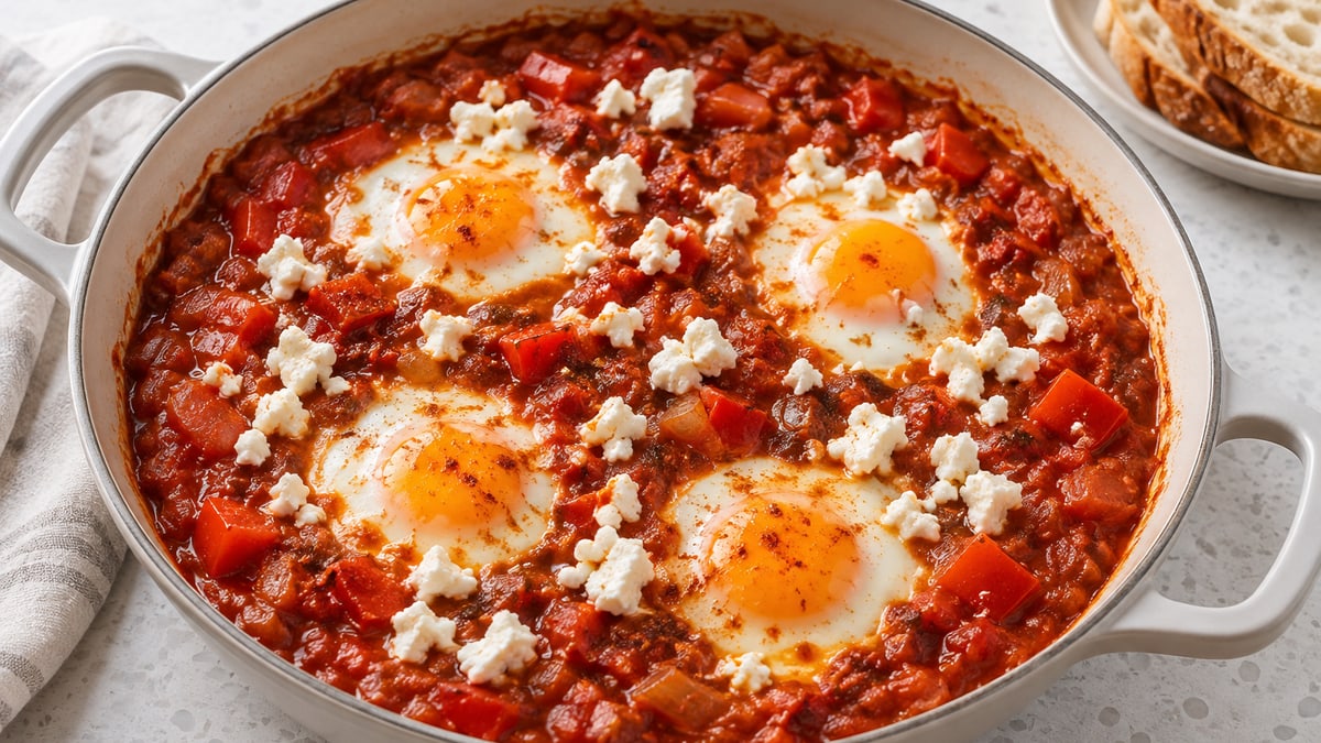 Shakshuka with Feta, cooked and served. A generated image, not a photograph.