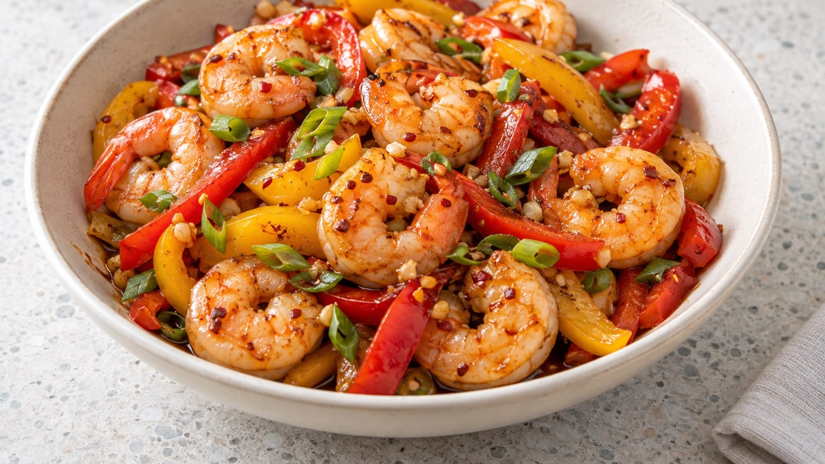 Shrimp Stir Fry with Bell Peppers, cooked and served. A generated image, not a photograph.