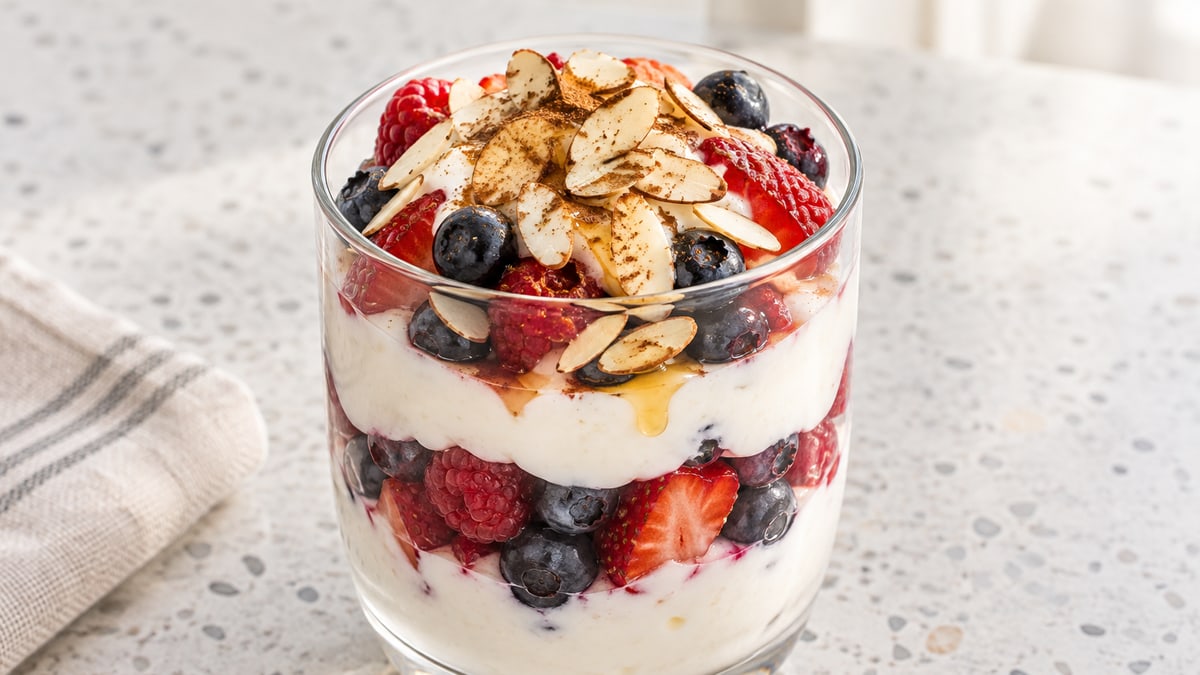 Skyr Berry Parfait with Almonds, cooked and served. A generated image, not a photograph.