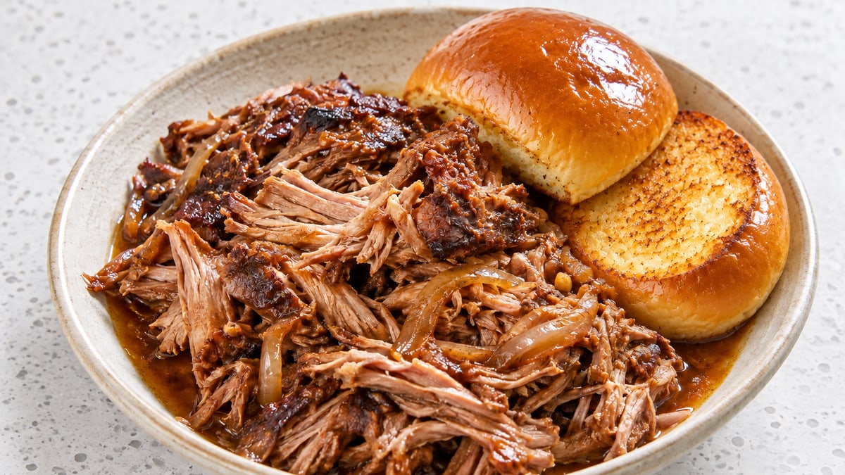 Slow-Cooked Pulled Pork, cooked and served. A generated image, not a photograph.