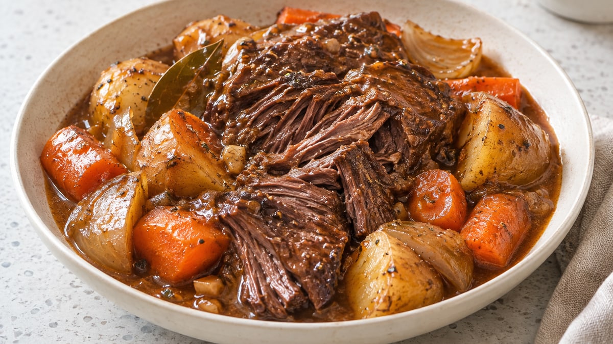 Slow Cooker Pot Roast, cooked and served. A generated image, not a photograph.