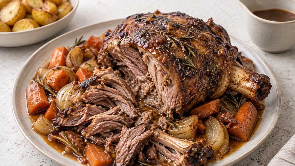 Slow-Roast Lamb Shoulder, cooked and served. A generated image, not a photograph.