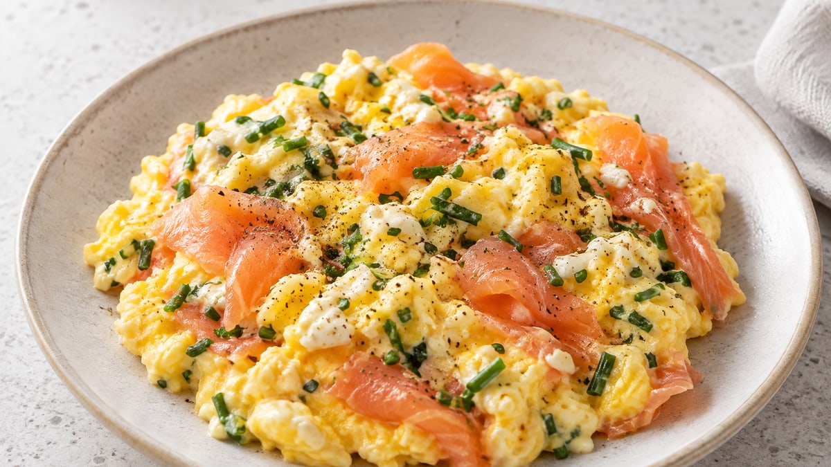 Smoked Salmon Egg Scramble, cooked and served. A generated image, not a photograph.
