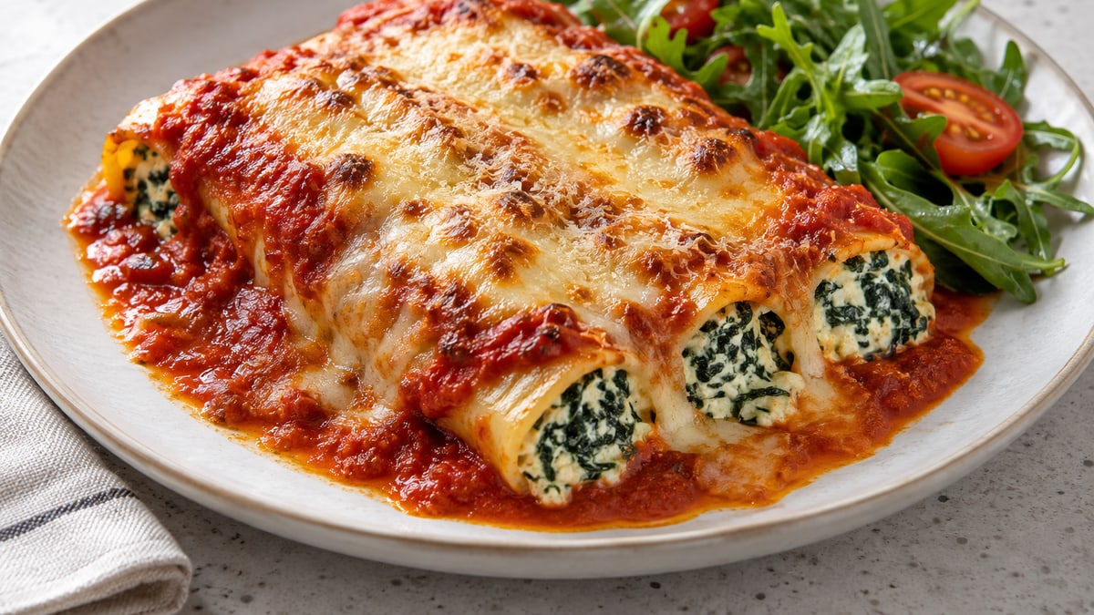 Spinach & Ricotta Cannelloni, cooked and served. A generated image, not a photograph.