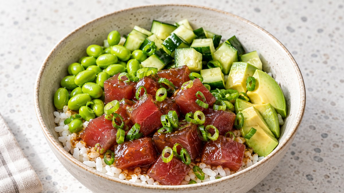Tuna Poke Bowl, cooked and served. A generated image, not a photograph.