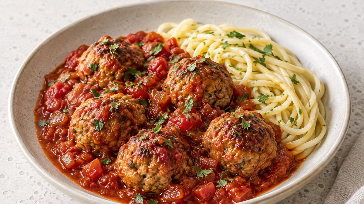 Babcio's Turkey Meatballs in Tomato Sauce, cooked and served. A generated image, not a photograph.