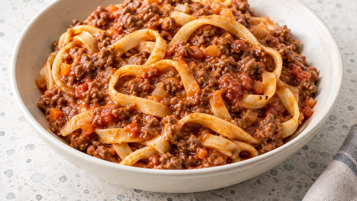 Weeknight Bolognese, cooked and served. A generated image, not a photograph.