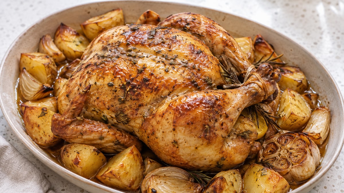 Whole Roast Chicken with Potatoes, cooked and served. A generated image, not a photograph.
