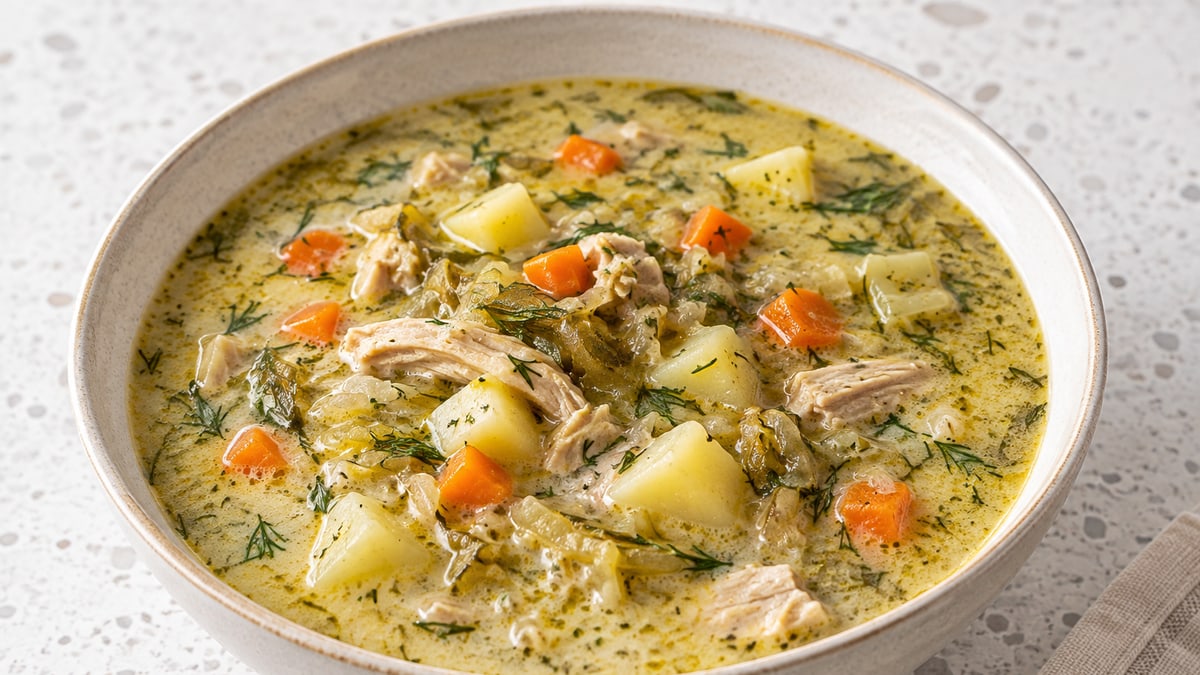 Zupa Ogórkowa (Polish Pickle Soup), cooked and served. A generated image, not a photograph.